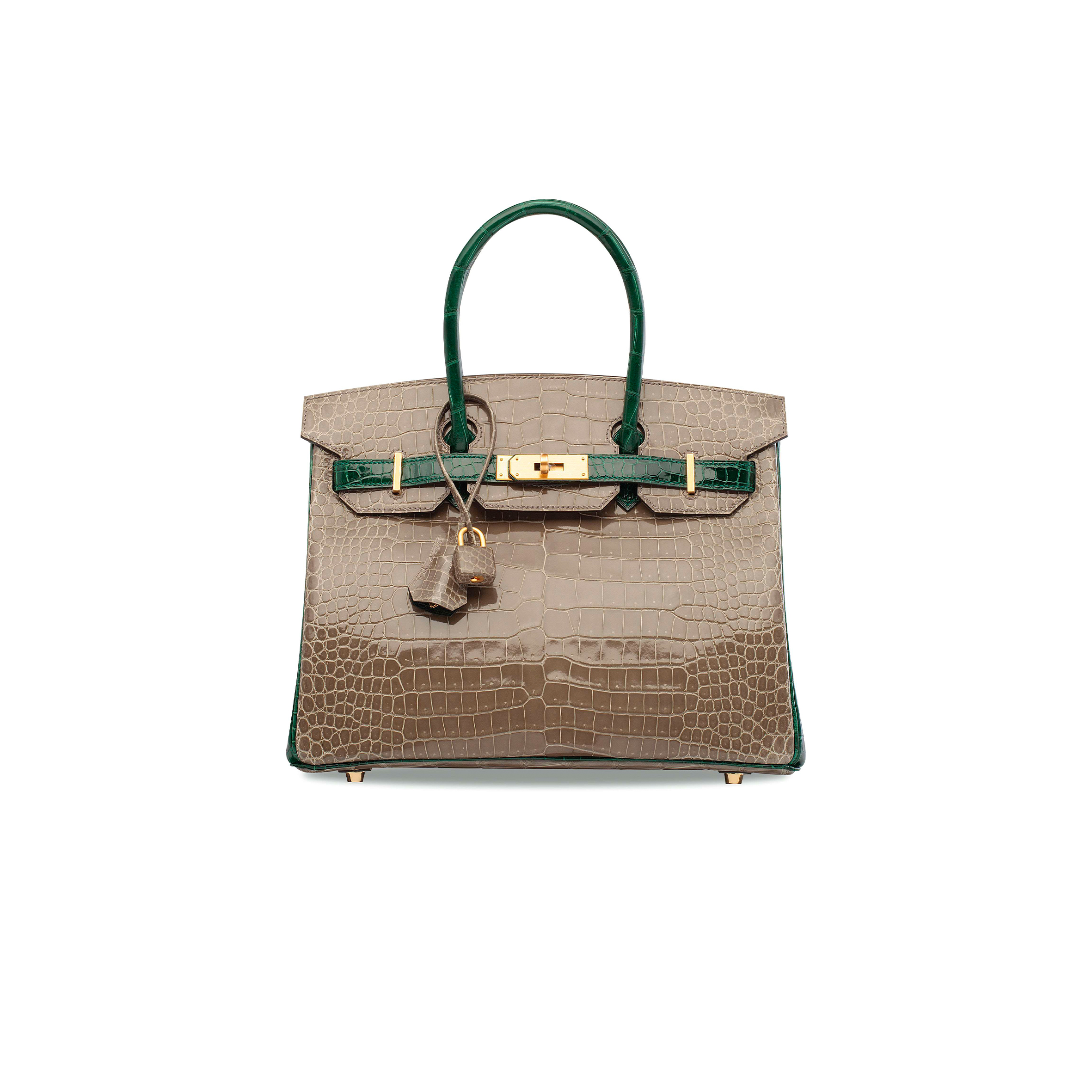 H**mes master birkin 30 crocodile leather pearl grey and emerald gold buckle h041367ck9k (30*22*15cm)